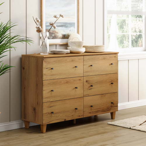 Bedroom 6-Drawer Dresser, Modern Wood Chest of Drawers with Solid Wood Legs w/ Non-slip Pads, Anti-tip Kit, Oak Brown Wood Finish, 47.2" Wide