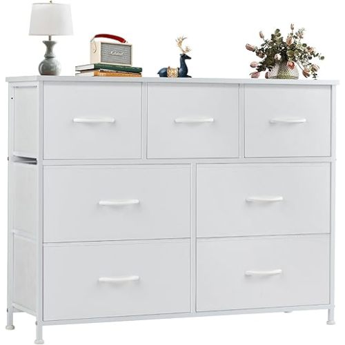 OLIXIS 7 Drawer Dresser for Bedroom, Wide Fabric Storage Tower with Wooden Top and Metal Frame, Closet Chest Organizer Furniture, TV Stand for Living Room Hallway, White