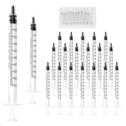 20 Pack 1ml Syringe for Liquid, 1cc Plastic Small Syringes for Scientific Labs, Measuring Liquids, Feeding Pets, Medical Student, Oil or Glue Applicator, Non-Sterile, No Needle