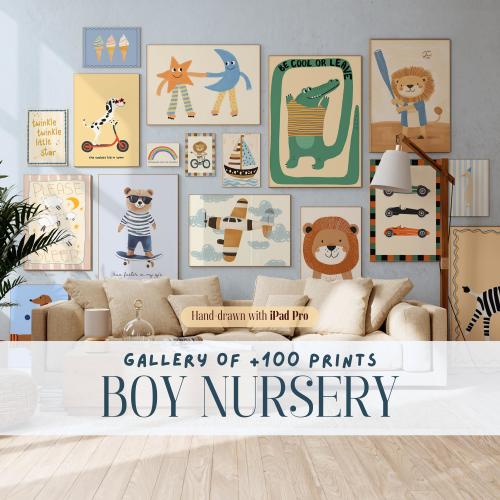 Boy Nursery Wall Art Set of +100, Cute Animal Prints,Kids Room Decor,Playroom Aesthetic, Safari Theme, Vintage Baby Poster, Digital Download