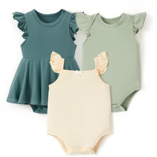 PATPAT Baby Girl Bodysuits - Soft Bamboo Viscose - Flutter Sleeves Cute Dress - Newborn Infant Summer Clothes - 3 Pack