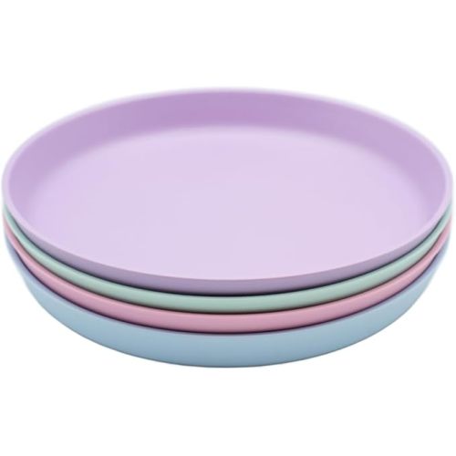 WeeSprout Bamboo Plates, Set of 4, Kid-Sized Dinnerware, Dishwasher Safe Melamine Dishware (Pastel Blue, Mint, Purple & Pink, Without Lids)