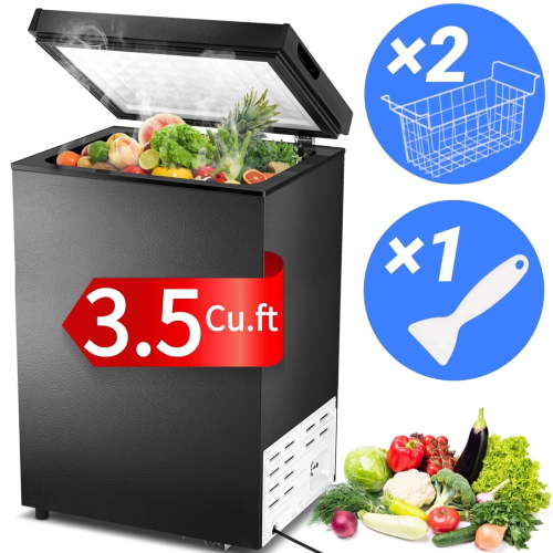 Auseo Mini Freezer Chest 3.5 cu ft, Black Compact Freezer, 7-Speed Temperature, Removable Basket