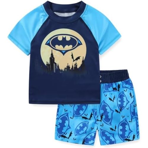WARNER BROS Batman Boys UPF 50+ Rash Guard Shirt and Swim Trunks Shorts Swimwear Set Swimsuit for Toddler and Big Kids