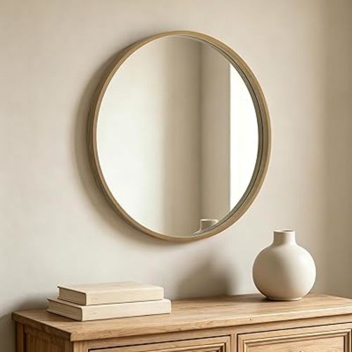 HOMECOOKIN Round Wood Mirror 24 inch Circle Mirror, Rustic Farmhouse Wooden Framed Decorative Wall Decor, Vanity Wall Mirror for Bathroom, Bedroom, Entryway, Living Room (Natural)