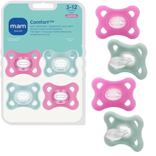 MAM Comfort Baby Pacifiers 3-12 Months Babies, Lightweight One-Piece Full Silicone Binky, BPA-Free Nipple, Easy to Clean Pacifier, Best for Breastfed Babies, 4 Count, Made in Europe