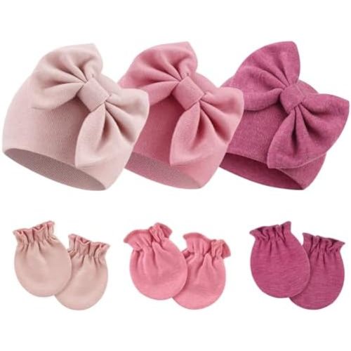Newborn Baby Hats and Mittens Set Infant Bow Beanie Cap Toddler Gloves Newborn Hospital Hats for Baby Boy Girl Kid 0-6 Months