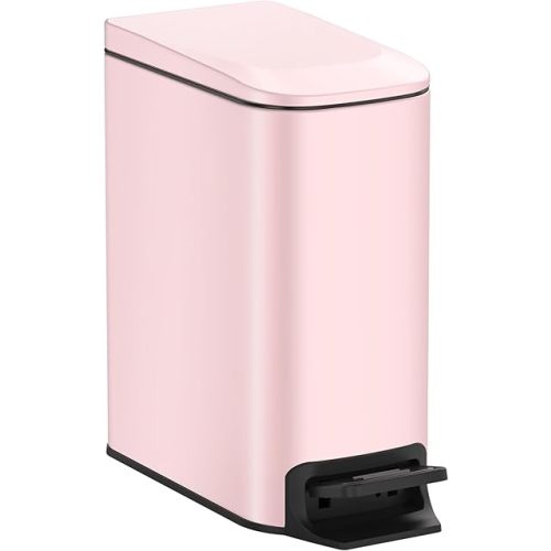 TIPGO Slim Bathroom Trash Can with Lid Soft Close, 6 Liter / 1.6 Gallon Stainless Steel Garbage with Removable Inner Bucket, Small Trash Bins for Bedroom, Office (Pink)