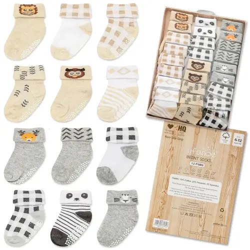 Baby Socks 12 Pairs - Non-Slip Infant Grip for Newborns & Toddlers 6-12 Months, Boys & Girls, Safe for Walking