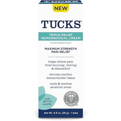 Tucks Triple Relief Hemorrhoidal Cream, Maximum Strength Pain Relief from Burning, Itching and Discomfort, with Witch Hazel, Treatment, Brand Used by Hospitals, 0.9oz. (26g)