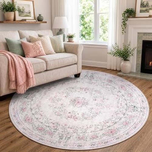 Wonnitar Pink Floral Bow 5ft Round Rug, Washable Rug for Girls Bedroom