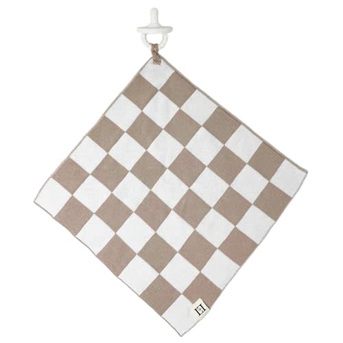 L+L USA Checkered Baby Lovey 100% Organic Cotton Knit Pacifier/Teether Holder 11"x11" - DreamSoft Cuddly Soothie Mini Comfort Blanket - Newborn Gift Essential Babies Boys Girls (Tan/White Checkered)