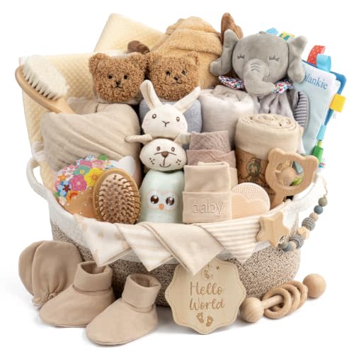 30 Piece Baby Gift Basket – Luxury Curated Baby Gift Basket for Newborn | Premium All-in-One Baby Shower Gift Set, Essentials with Keepsakes for First Visit(Khaki Beige)