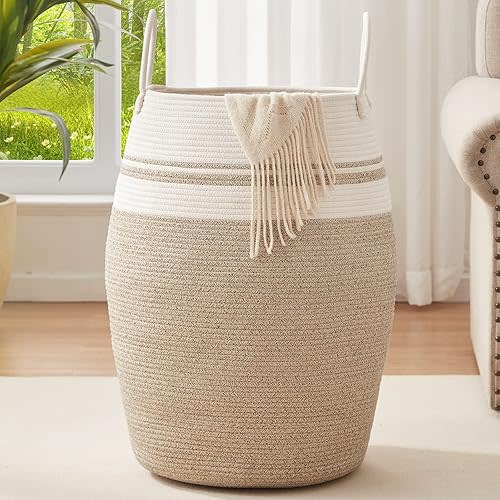 OIAHOMY Laundry Hamper Woven Cotton Rope Large Clothes Hamper 25.6" Height Tall Laundry Basket with Extended Cotton Handles for Storage Clothes Toys in Bedroom, Bathroom, Foldable (Yellow variegated)