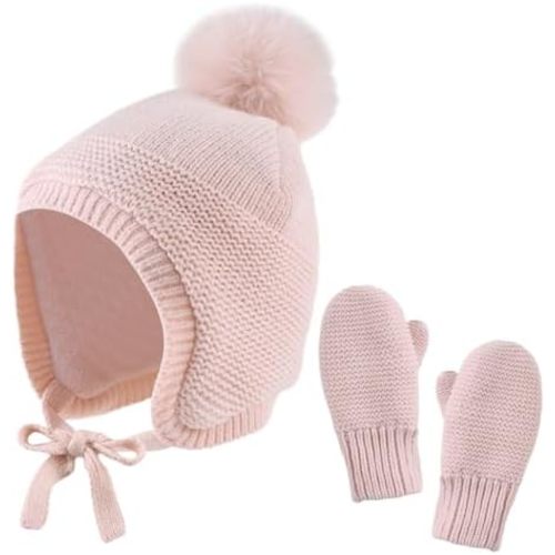 Basic Winter Baby Beanie Gloves Boys Girls Knitted Hat Pompom Kids Earflap Hats Warm Infant Toddler Beanie Mittens Set
