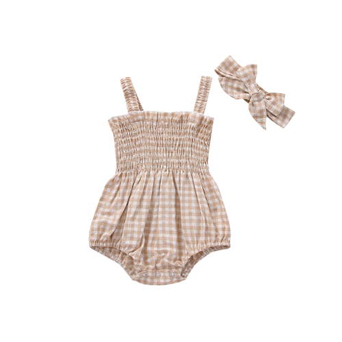 Wassery Baby Girls Summer Bodysuit 2Pcs Set Sleeveless Plaid Panel Romper Infants Jumpsuits Bow Headband for Newborn 0-18 Months