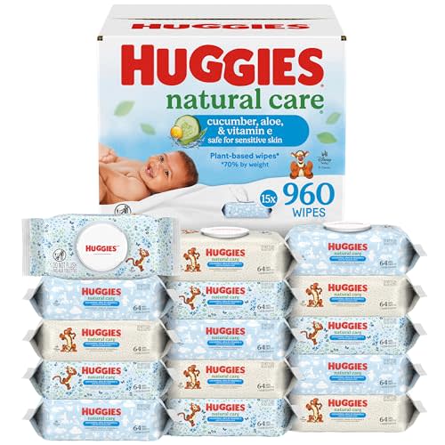 Huggies Natural Care Cucumber, Aloe and Vitamin E Baby Wipes, Hypoallergenic, Scented, 15 Flip-Top Packs (960 Wipes Total), Packaging May Vary