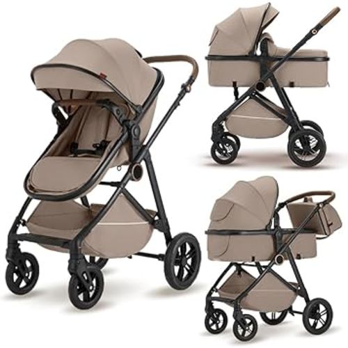 2 in 1 Baby Stroller, High Landscape Infant Stroller Pram Foldable Pushchair with Adjustable Canopy, Storage Basket,5-Point Harness,Mom Bags (Brown)