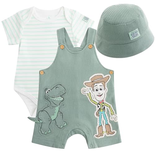 Disney Winnie the Pooh Baby Boys Shortall French Terry Overalls Bodysuit and Bucket Hat 3-Piece Set For Newborn Infant