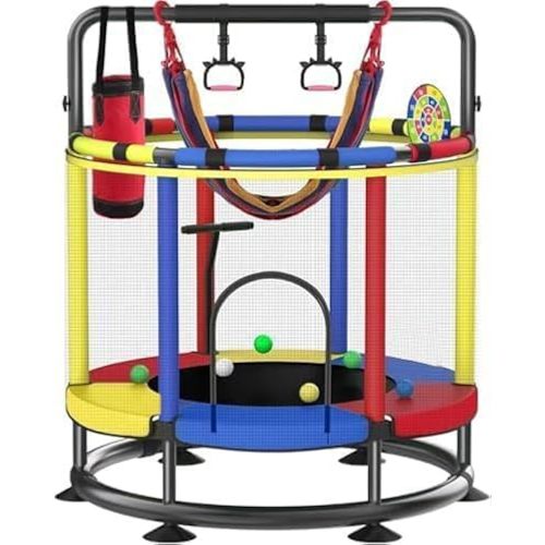 Trampoline for Kids, Full Anti-Rust 440lbs Anti-Rollover Round Bottom Toddler Trampoline, T-handrail Adjustable Baby Toddler Trampolines Dart Board