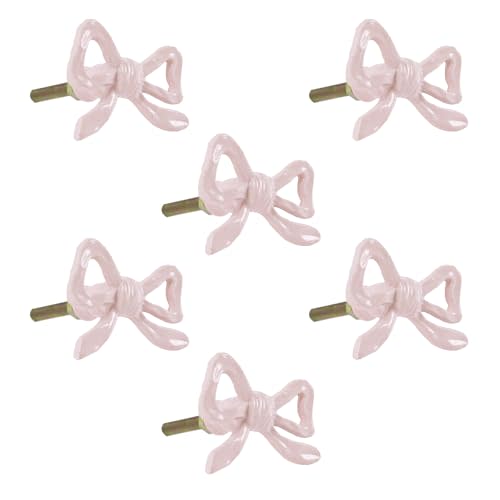 6 Funpop Metal Pink Bow Style Drawer knobs and pulls, Set of 6, for Cabinet Drawers, Dresser, Wardrobe- Easy to Install -Charming Design