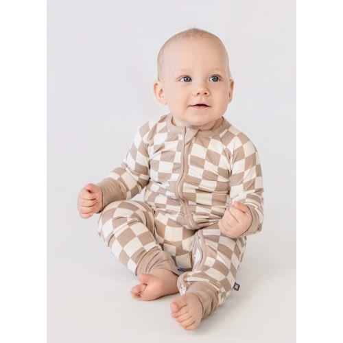 Bumbunny Baby | Convertible Footed Romper in Toffee Check
