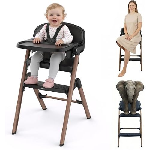 High Chair, Foldable High Chairs for Babies and Toddlers Ultra Safe for Infant or Adults Up to 150 Lbs, Easy Clean, Removable Tray/Adjustable Footrest for Baby Feeding HighChair, Black