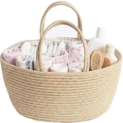 Living Textiles Baby Diaper Caddy Organizer 33x25x18cm - 100% Cotton Rope Nursery Storage Basket with Removable Divider, Portable Nappy Organizer for Diapers, Wipes & Baby Essentials(Natural)