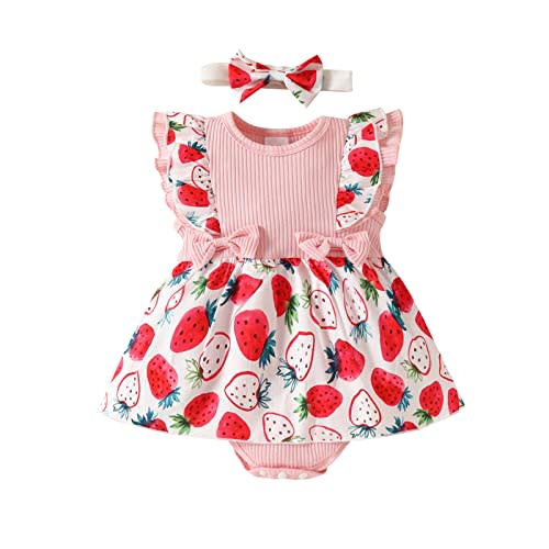 ZHICHUANG Preemie Bodysuits for Baby Girl Infant Girls Sleeveless Strawberry Prints Ribbed Romper Newborn