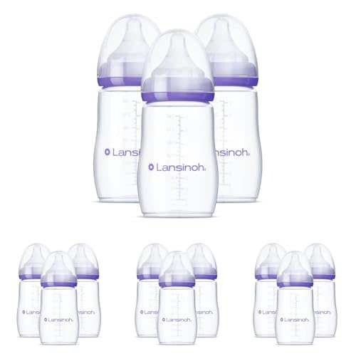 Lansinoh Anti-Colic Baby Bottles for Breastfeeding Babies,8 Ounces,Includes Medium Flow Nipples,Size M,(Pack of 12)