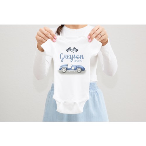 Race Car Baby Bodysuit, Vintage Race Car Baby Outfit, Baby Shower Gift, Pregnancy Reveal Baby Shirt, Blue Race car Baby Outfit T56