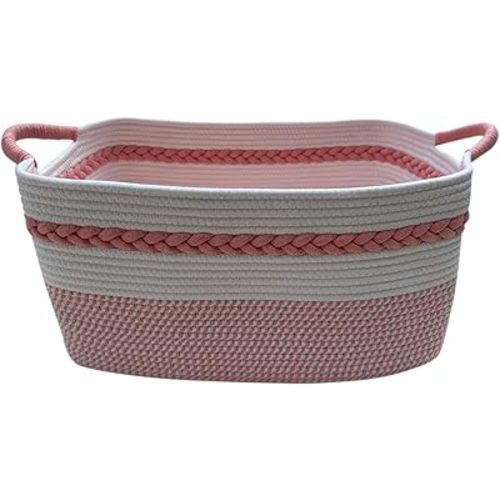 Decorative laundry basket with handles woven from natural cotton rope storage blankets for living room cute boho quilted gift baskets for clothes pillows toys 20"x14"x10",white/pink