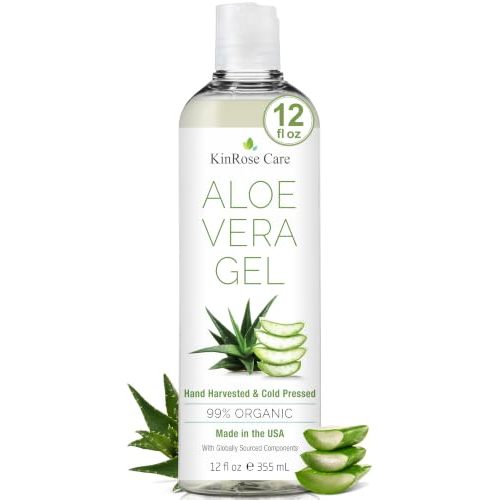 KinRose Care, 12 fl oz Aloe Vera Gel for Face, Skin, Hair & Sunburn Relief - From Pure Organic Aloe Vera (99%) - Cold Pressed, Vegan, Unscented - Made in USA.