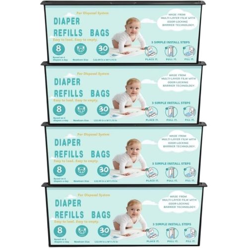 Diaper Pail Refills Bags with 30 Bags Compatible with Genie Easy Roll Signature and Platinum Diaper Pails, 7-Layer Odor-Barrier Technology-4 Packs
