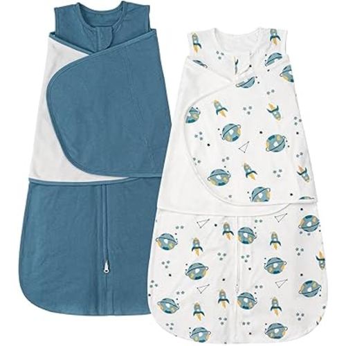 ZIGJOY Sleep Sack Swaddle 0.5 TOG Baby Wearable Blanket 100% Cotton Baby Swaddle Blanket for Newborns 0-6 Months for Boy Girl, Blue&Space