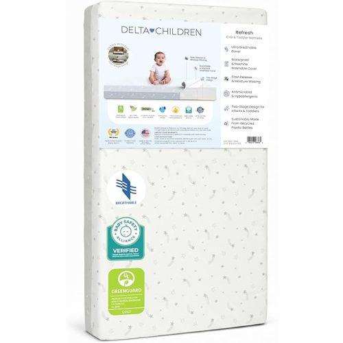 Delta Children Refresh 2-Stage Crib and Toddler Mattress - Breathable Cover and Core - Machine Washable - GREENGUARD Gold – Waterproof - Sustainably Sourced Core, Grey