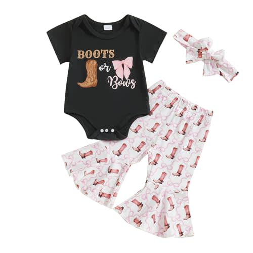 SAYOO Western Baby Girl Clothes Boots or Bows Letter Bodysuit Romper Cow Print Flared Pants Headband Cowgirl Country Outfit