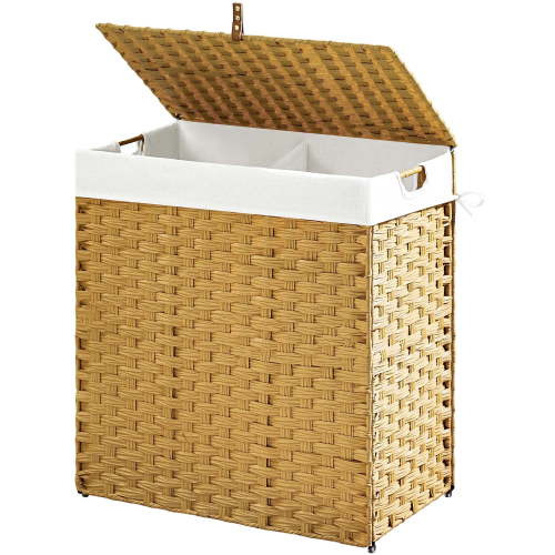 Rolanstar 90L Laundry Hamper Wicker Laundry Basket with Lid, Handles Clothes Hamper Foldable with 2 Removable Liner Bags, Natural