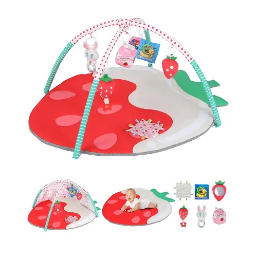 Tummy Time Mat, 9-in-1 Strawberry Baby Play Gym Mat, Oversize Baby Play Activity Mat with Sunshade & 6 Detachable Sensory Toys, Washable Non-Slip Mat for Newborn Infant Baby Essentials Gift