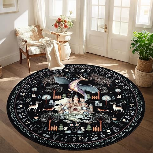Washable Area Rug 6ft Round, Black Dragon