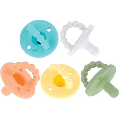 Nuby Silicone Softees Pacifier and Teethers - (5-Pack) Silicone Baby Pacifiers and Teethers - 0+ Months - Assorted Neutral Colors