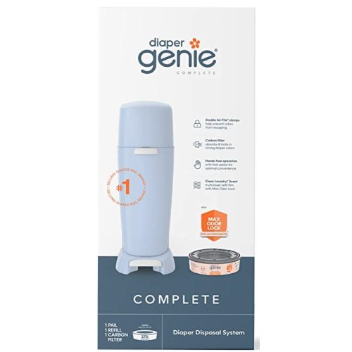Playtex Diaper Genie Complete Pail with Built-In Odor Controlling Antimicrobial, Includes Pail & 1 Refill, Blue - Pail + 1 Refill