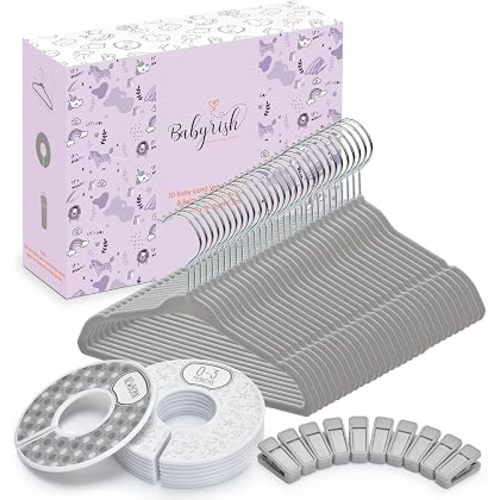 Velvet Baby Hangers with 10x Clips and 8X Dividers (30 Pack) | 11” Ultra-Slim Baby Clothes Hangers | Non-Slip Felt | Space-Saving Nursery & Infant Closet Organizer | Gray