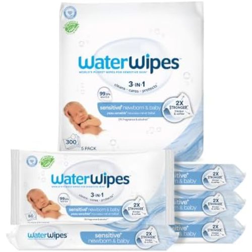 WaterWipes Sensitive+ Newborn & Baby Wipes, 3-In-1 Cleans, Cares, Protects, 99.9% Water, Unscented & Hypoallergenic, 300 Count (5 Packs)