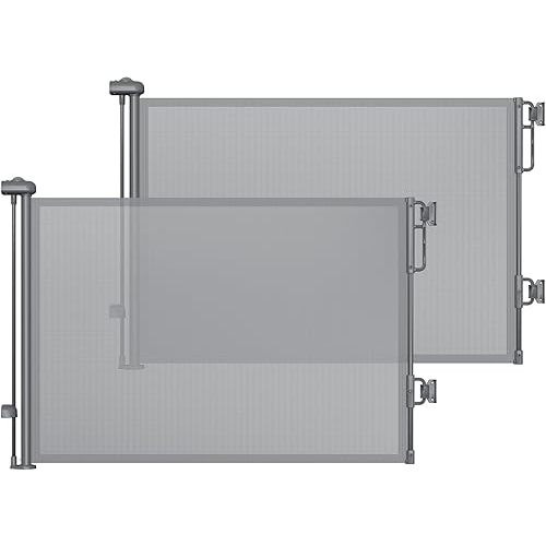 Cumbor 2-Pack Retractable Baby Gates for Stairs, 55" Wide Soft Mesh Pet Gate for Dogs with One Hand Opening, 34" Tall Toddler Gate with Top Lock for Bedroom, Doorways, Indoor/Outdoor, Gray