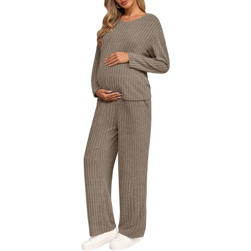 Yousify Womens Maternity Pajamas Sets 2 Piece Outfits Ribbed V Neck Long Sleeve Knit Tops Pants Pregnancy Loungewear