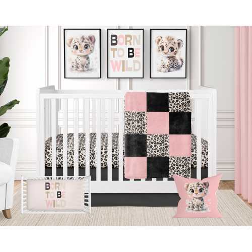 Pink Leopard Crib Bedding Set, Cheetah Baby Girl Nursery Decor, Safari Blanket Sheet Pillow