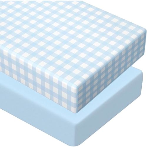 Peryiter 2 Pack Crib Sheets for Girls Boys Coquette Bed Sheet Set Fitted 52'' x 28" for Standard Crib Mattress Stretchable Soft Toddler Aesthetic Nursery Decor (Plaid Checkered,Blue)