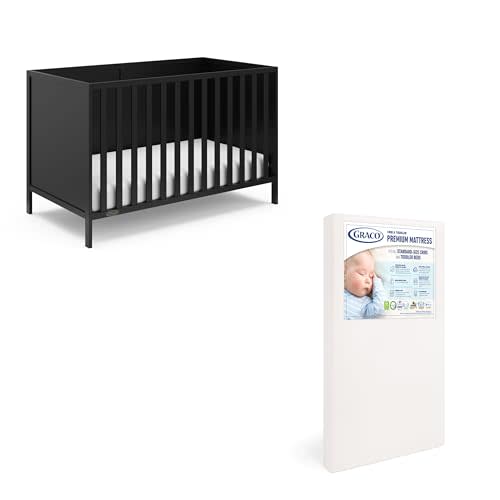 Graco Theo Crib and Mattress Nursery Essentials Pack (Black) – GREENGUARD Gold Certified Baby Crib & Crib Mattress, Cribs with Mattress Included