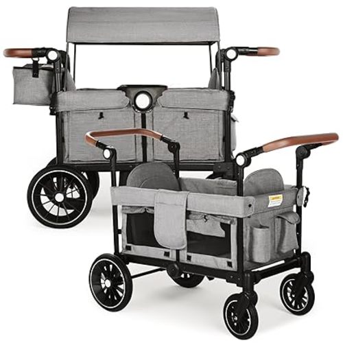 Wagon Stroller for 2 Kids, Foldable Kids Wagon Cart Featuring with Harnesses, Adjustable Double Push Handle, Removable Canopy, Snack Tray, Large Storage Bag, Gray
